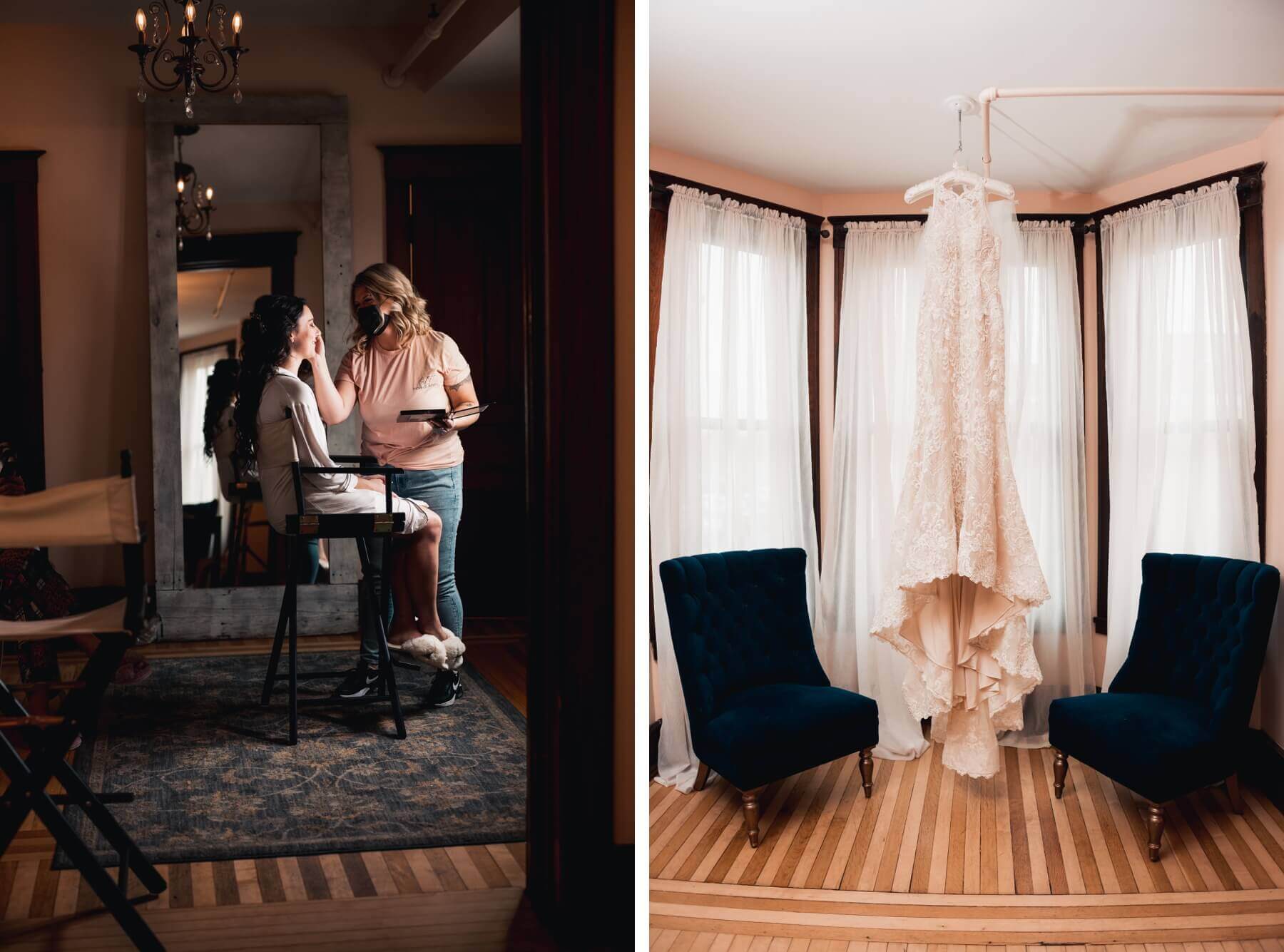 Bride getting make up done at The Haight | bride's dressing hanging in suite at wedding venue in Illiois