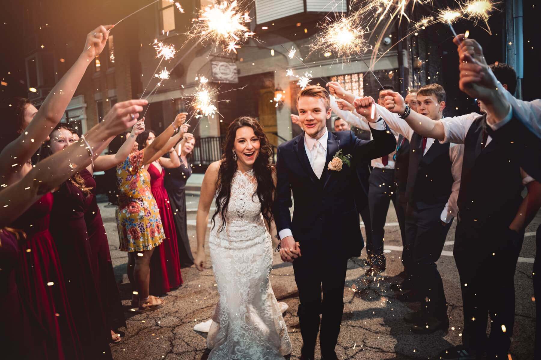 Bride and grooming doing sparkler exit at wedding venue in Illinois