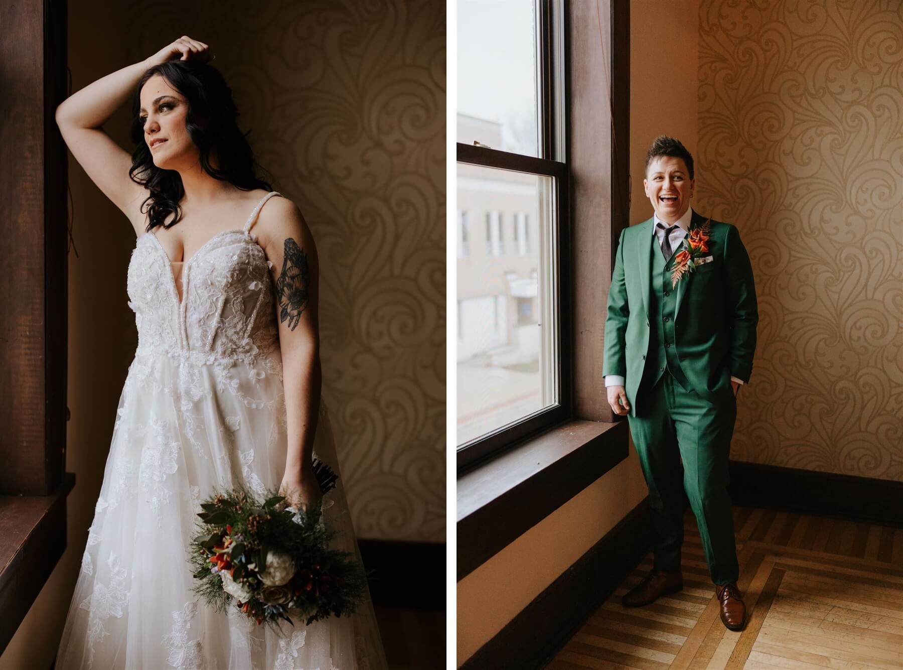 Couple standing by window separately on wedding day
