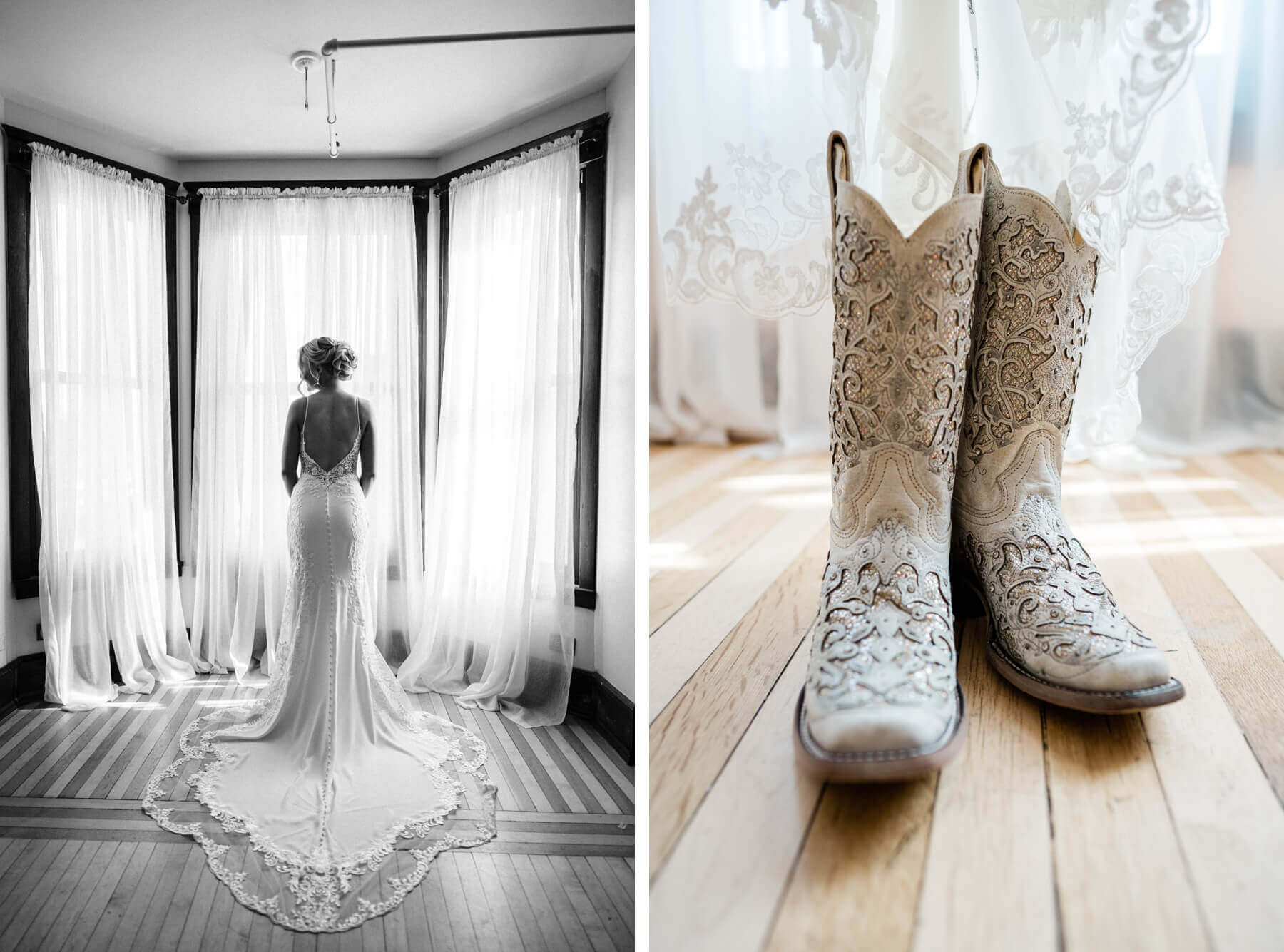 Bride standing in front of window in wedding dress | white cowboy boots with crystals for wedding