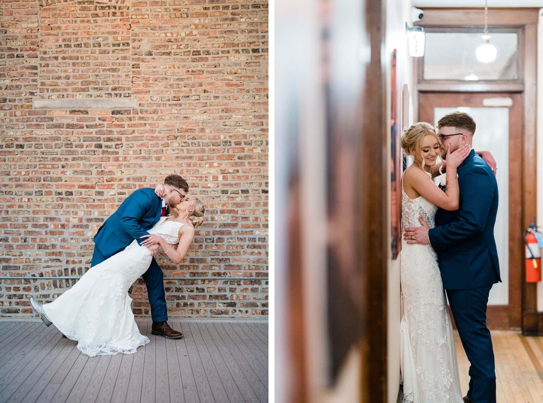 Groom dipping bride in front of brick wall | Groom kissing bride in hall at The Haight