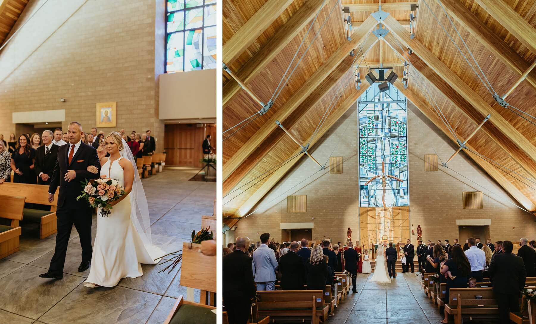 Bride walking down aisle at church then standing at altar with groom