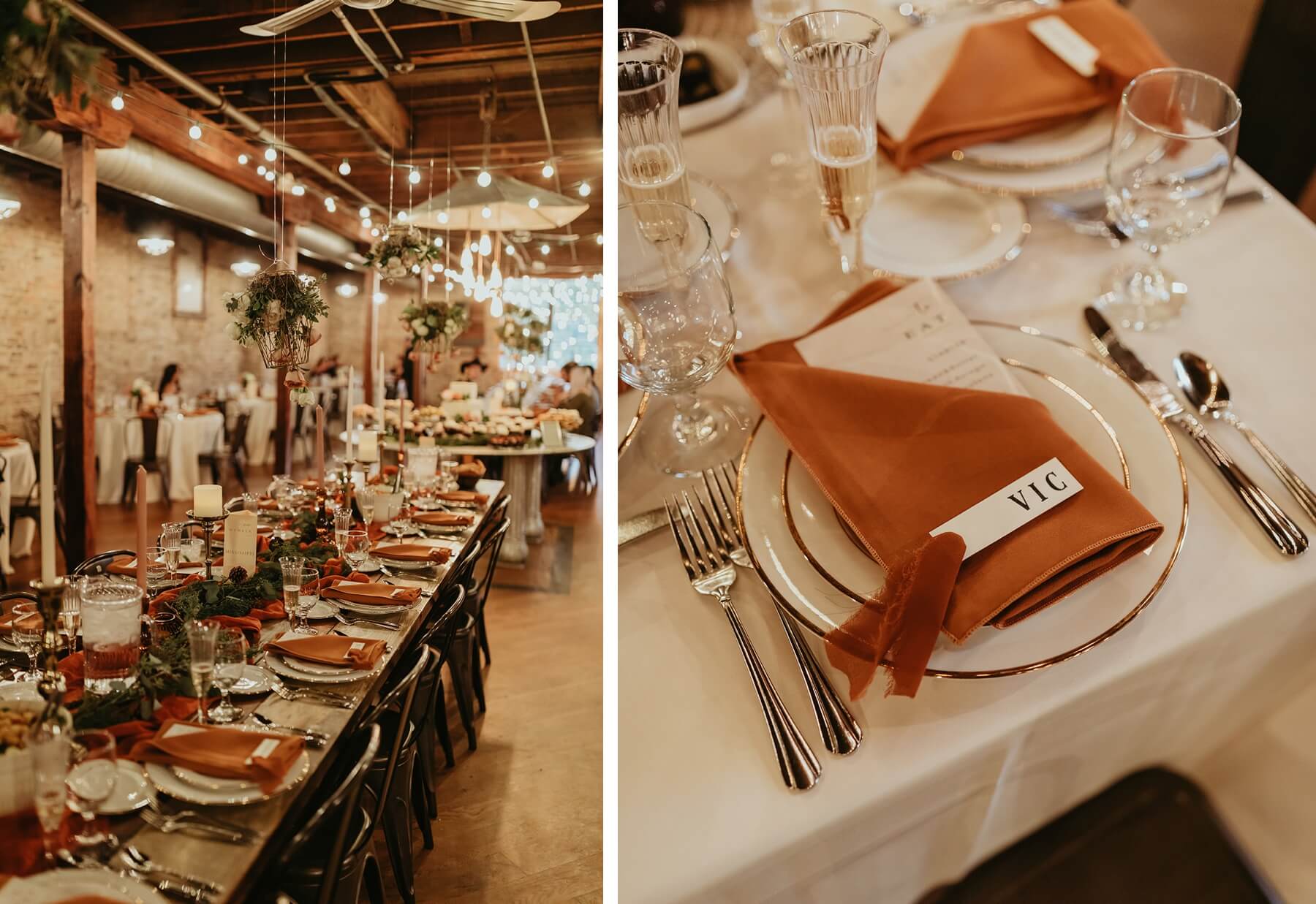 Fall wedding reception with burnt orange details