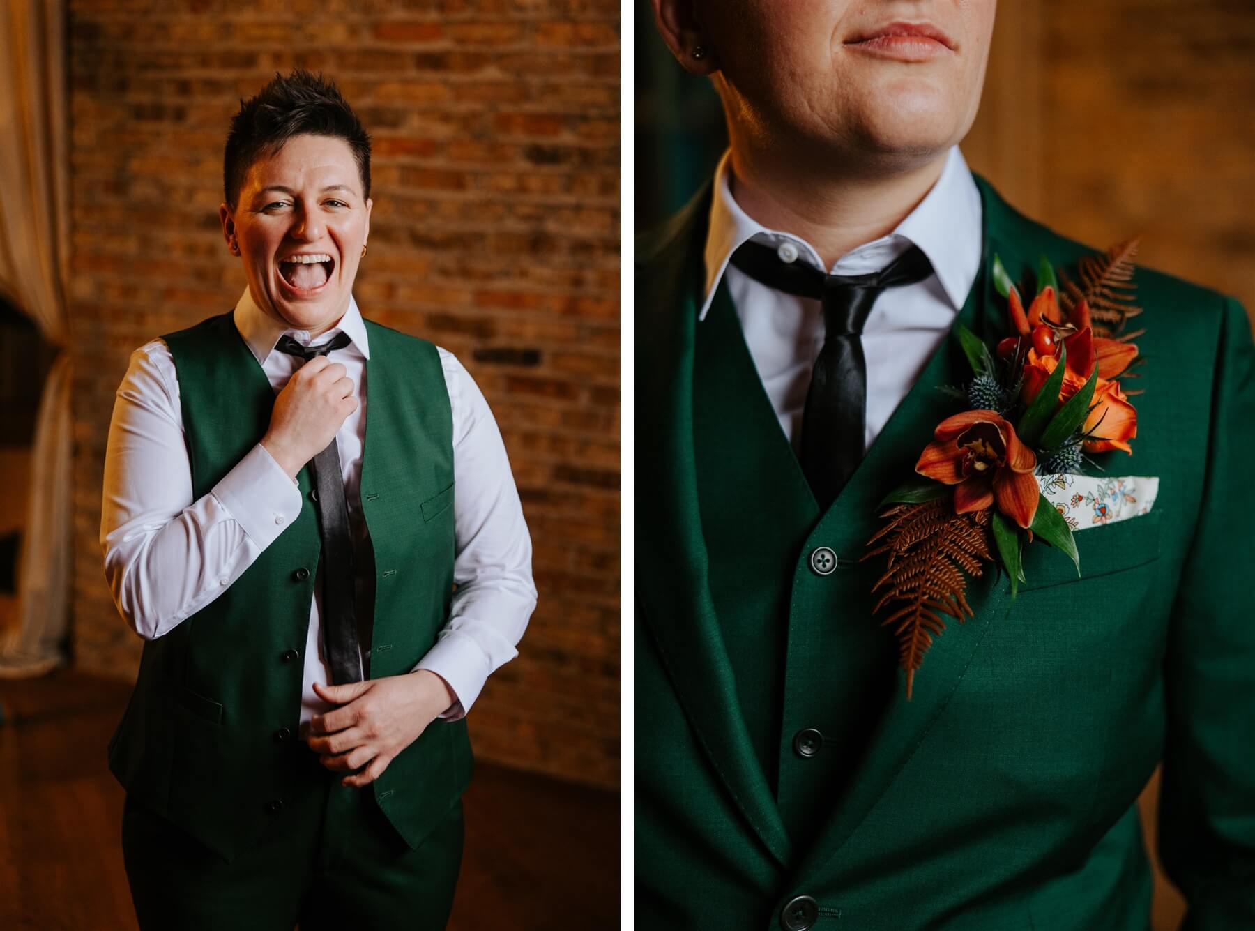 Woman wearing green suit with burnt orange boutonniere