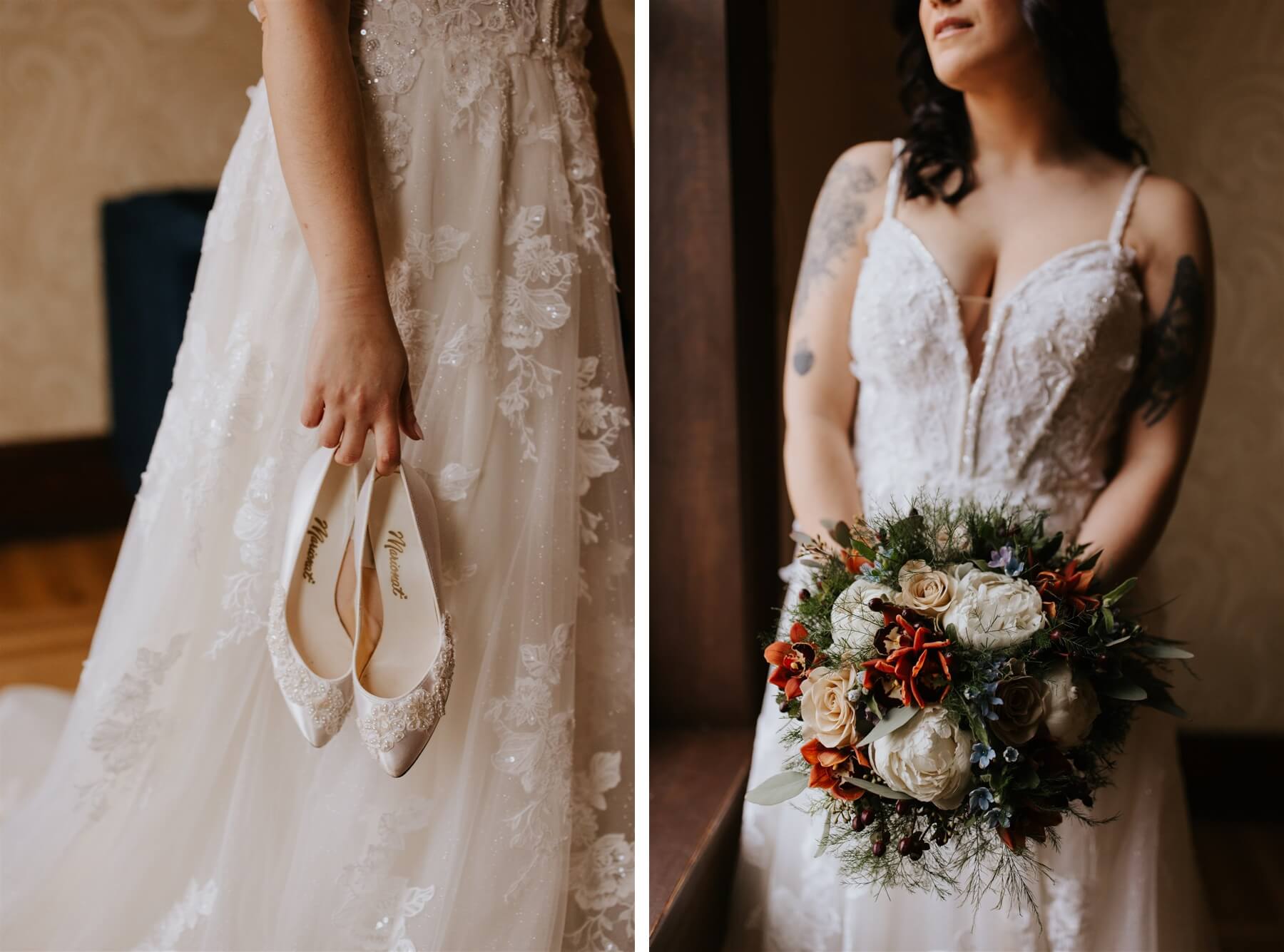 Bride holding white high heels in front of tulle dress | bride holding bouquet with red, cream, and orange flowers