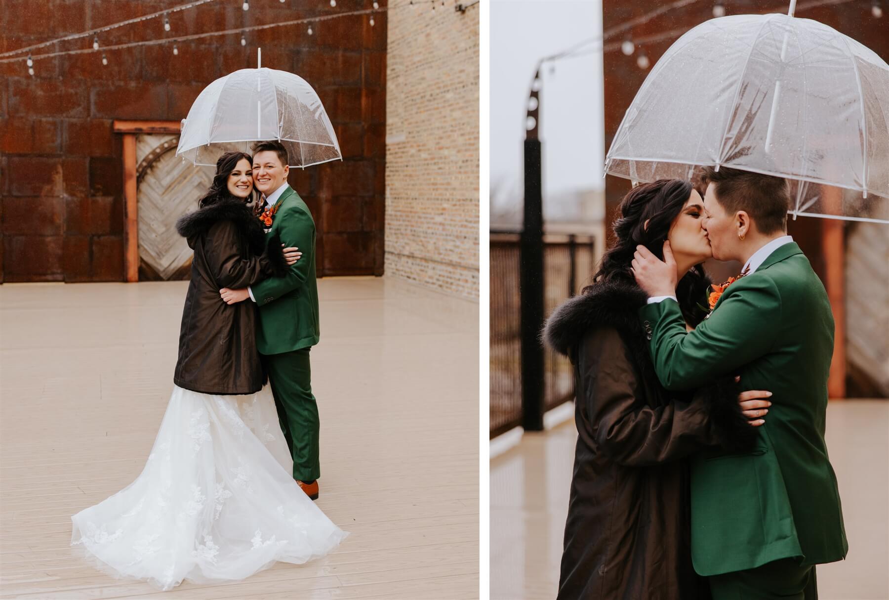 Couple kissing under clear umbrella on wedding day