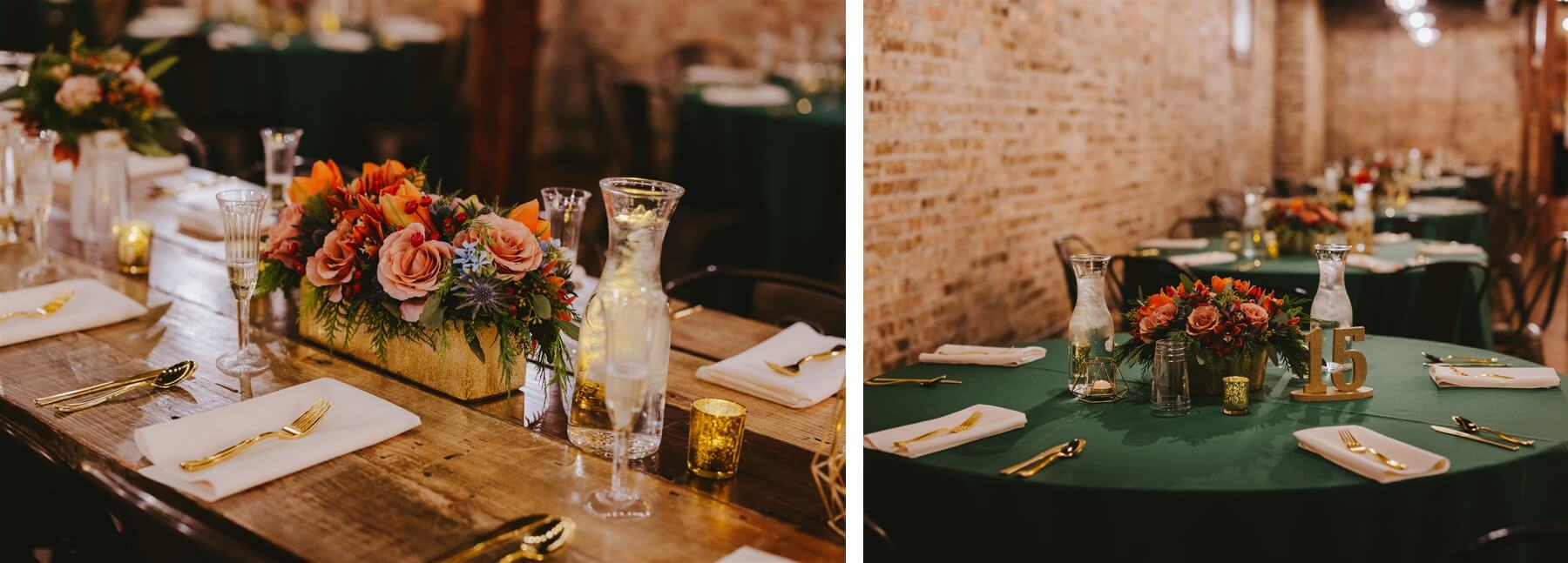 Flower arrangement with red, orange, and pink flowers | moss green table cloth with gold accents at The Haight
