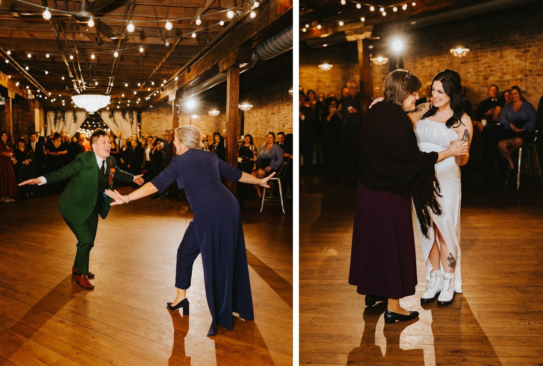 Couple dancing with their moms at wedding