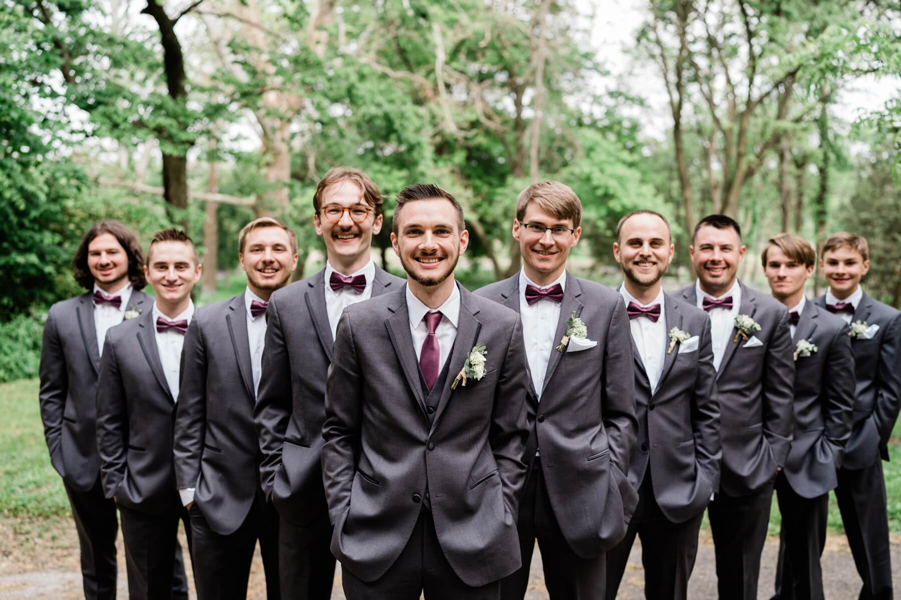 Groom and groomsmen in gray suits