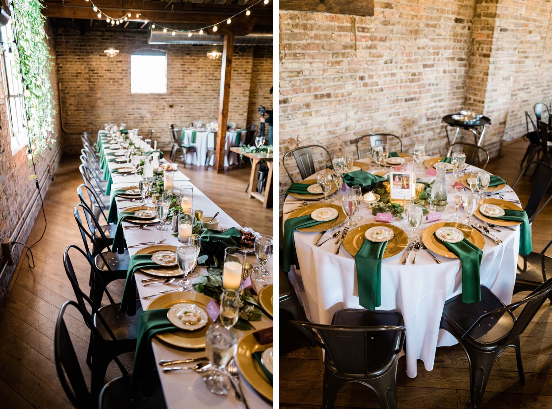 Reception tables with gold chargers, green napkins, and greenery at industrial wedding venue
