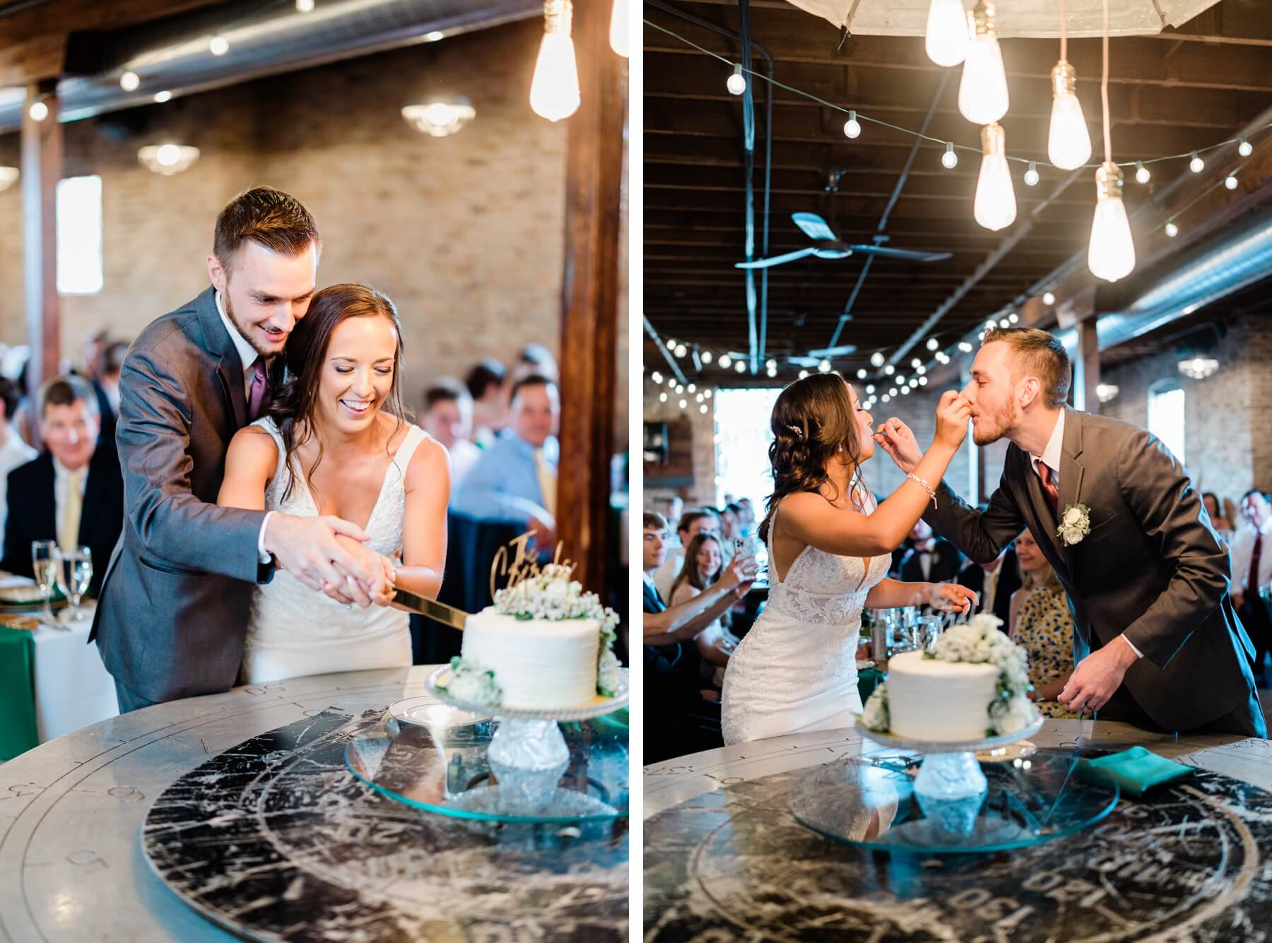 Bride and groom cutting cake and eating it at industrial wedding venue