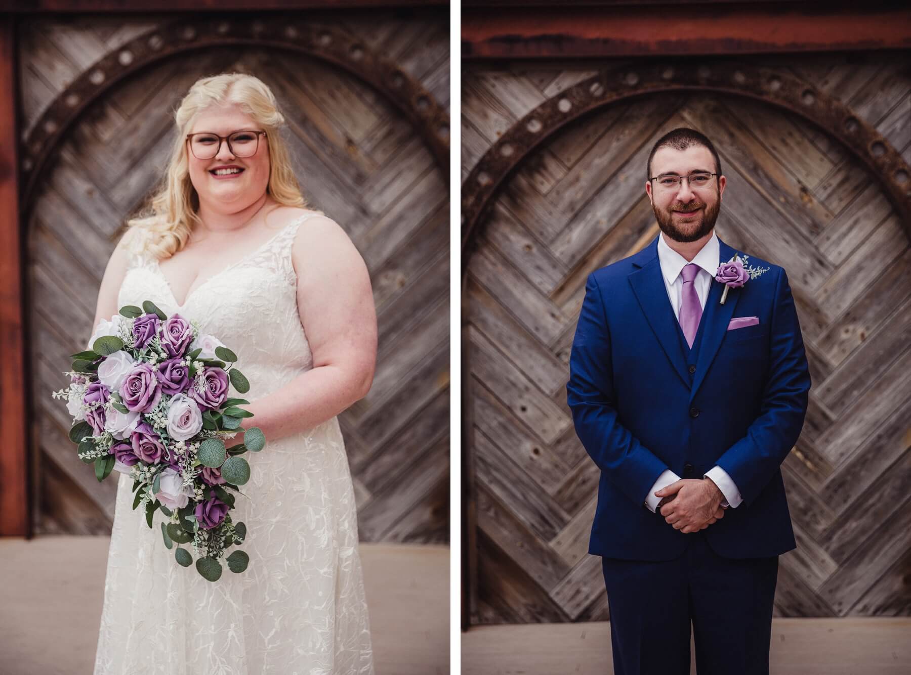 Bride wearing A-line gown and holding purple bouquet | groom wearing blue suit with purple tie