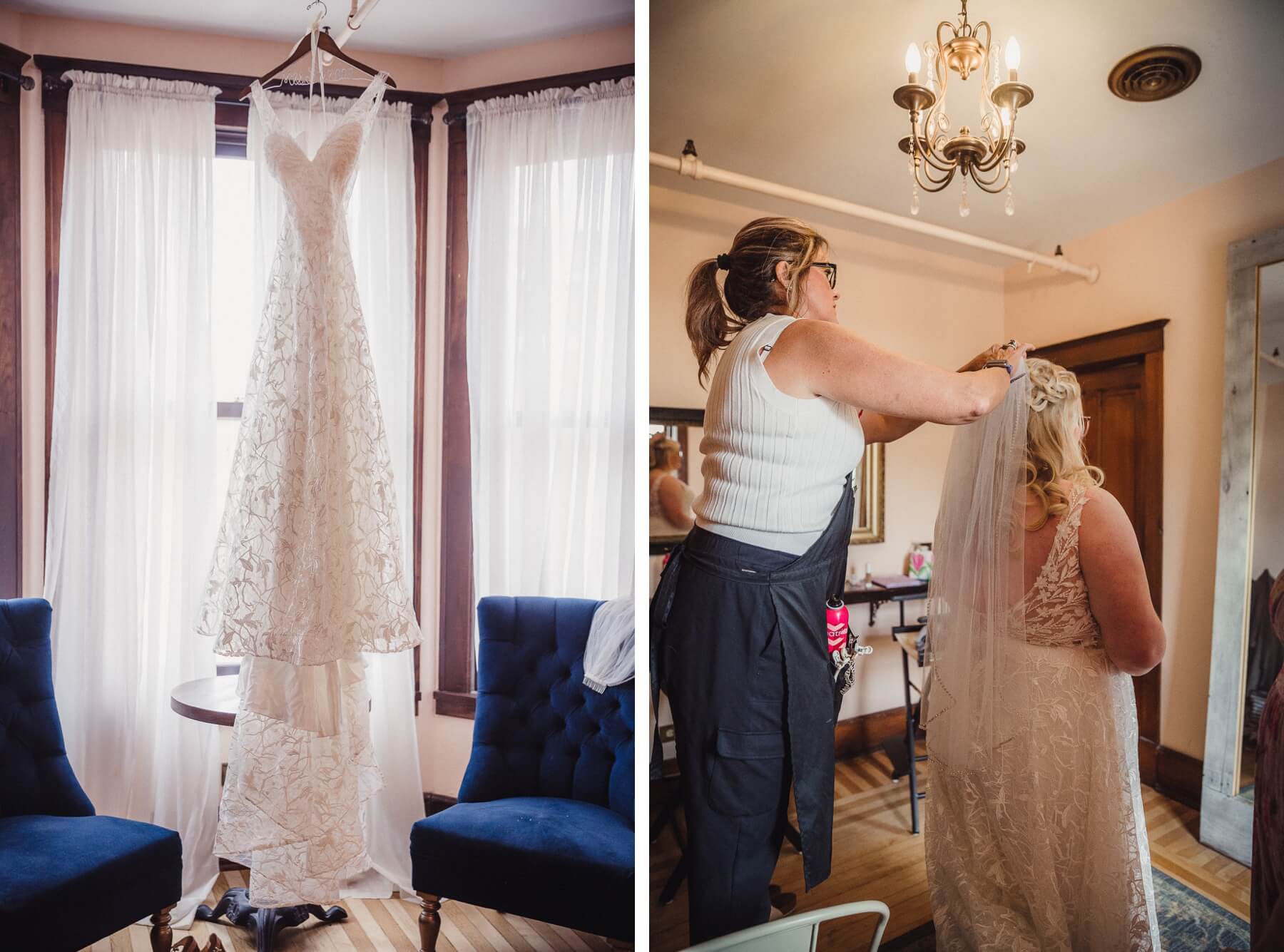 Bride's dress hanging in bridal suite at The Haight | bride putting on her veil