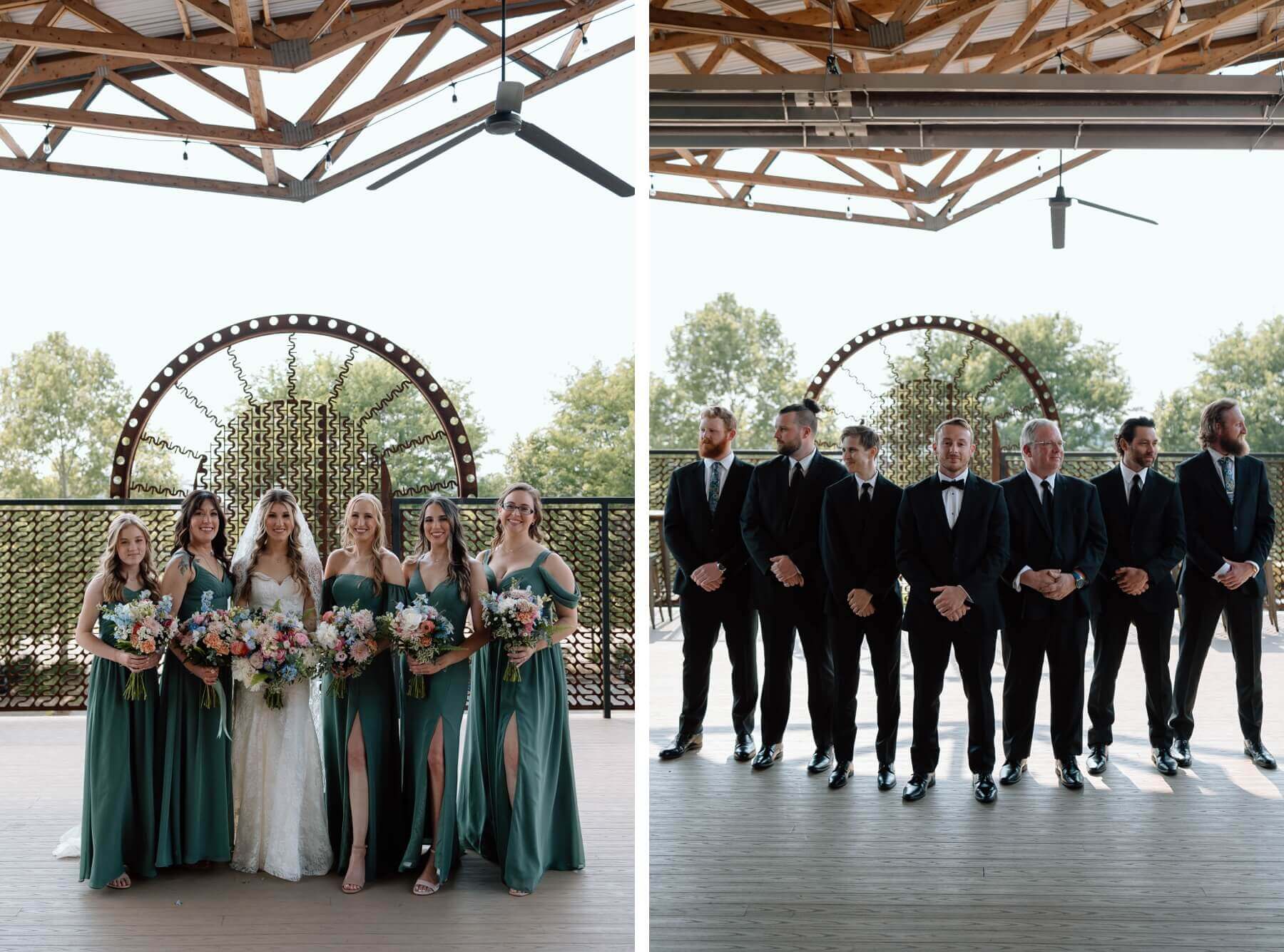 Bride with bridesmaids in sage green dresses and groom with groomsmen in black suits